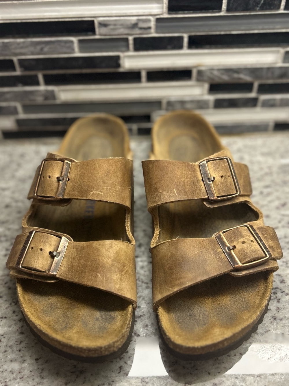 Birkenstock Arizona Brown Leather Double-Buckle Slide Sandals size 8 (39)